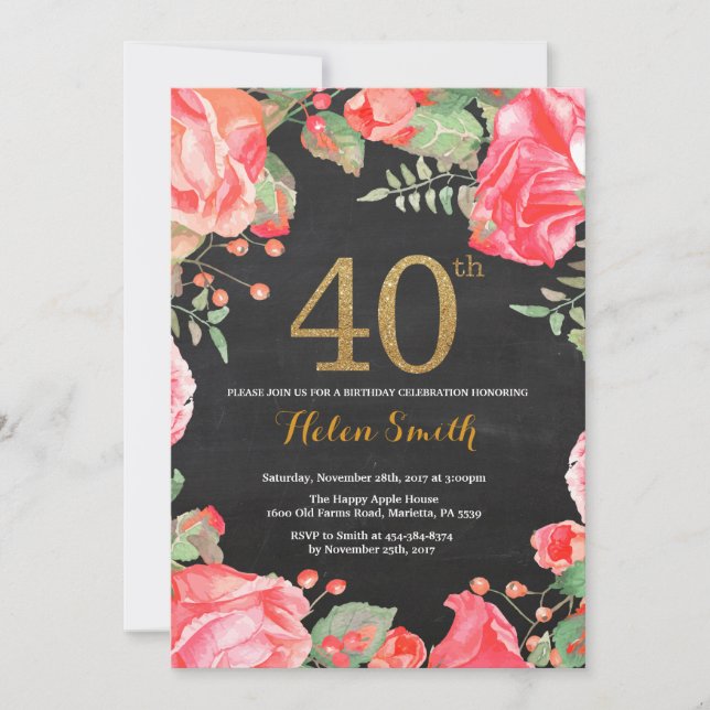 Purpurina de oro de la invitación de cumpleaños 40 (Anverso)
