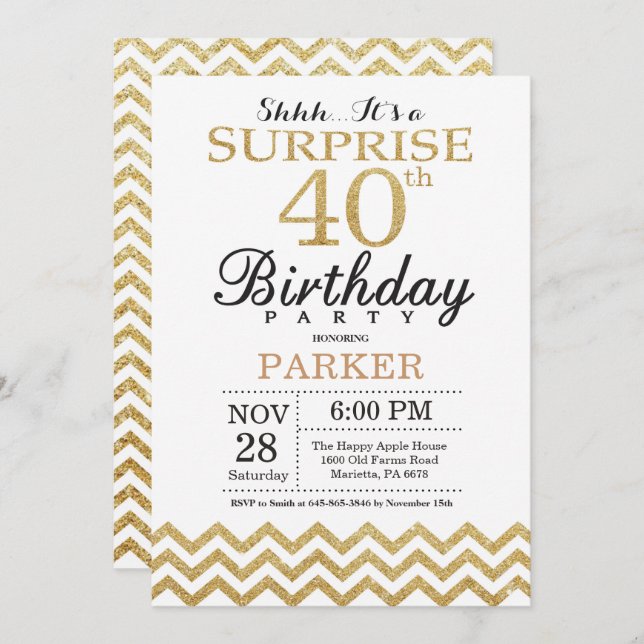 Purpurina de oro de la invitación de cumpleaños 40 (Anverso / Reverso)