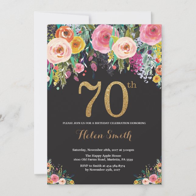 Purpurina de oro de la invitación de cumpleaños 70 (Anverso)