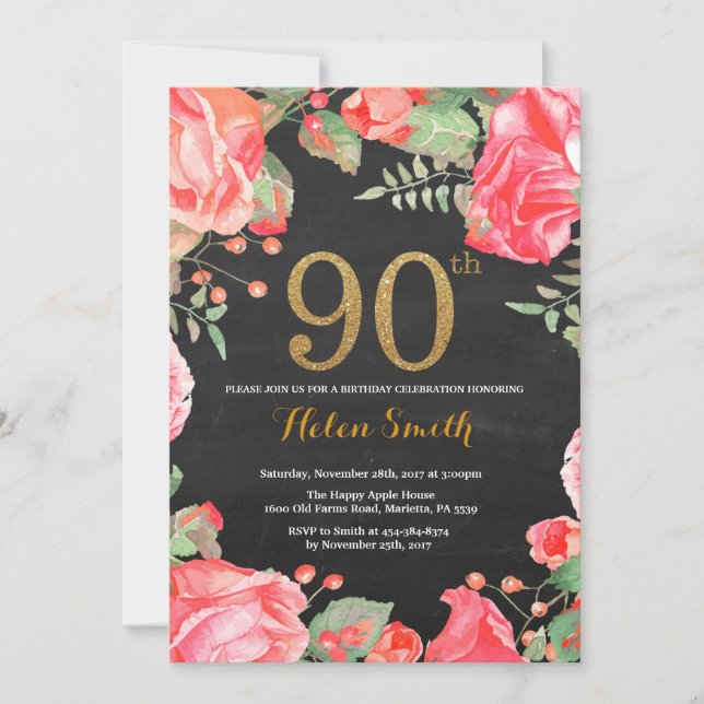 Purpurina de oro de la invitación de cumpleaños 90 (Anverso)