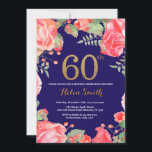 Purpurina de oro de la Invitación de Cumpleaños de<br><div class="desc">Invitación a los 60 Años de la Floral Roja para las mujeres. Flor Floral Botánica de acuarela. Brillantina dorada. Fondo azul marino. Flores Florales De Peonies Rosados. Cumpleaños de adultos. Para una mayor personalización,  haga clic en el botón "Personalizar" y utilice nuestra herramienta de diseño para modificar esta plantilla.</div>