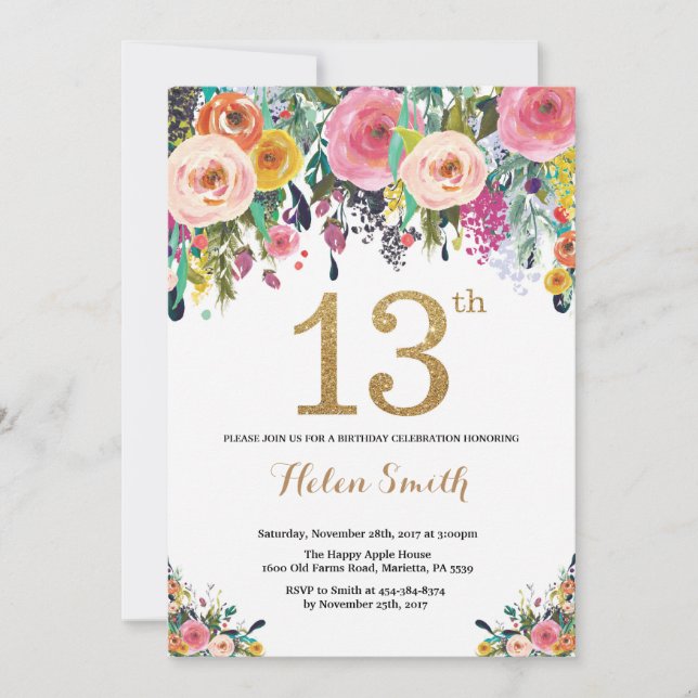 Purpurina de oro de la invitación de cumpleaños Fl (Anverso)