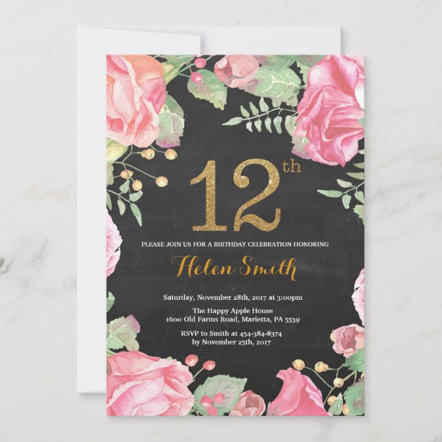Purpurina de oro de la invitación de cumpleaños Fl (Anverso)