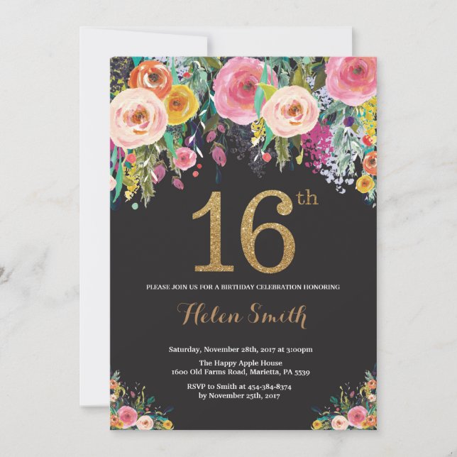 Purpurina de oro de la invitación de cumpleaños Fl (Anverso)