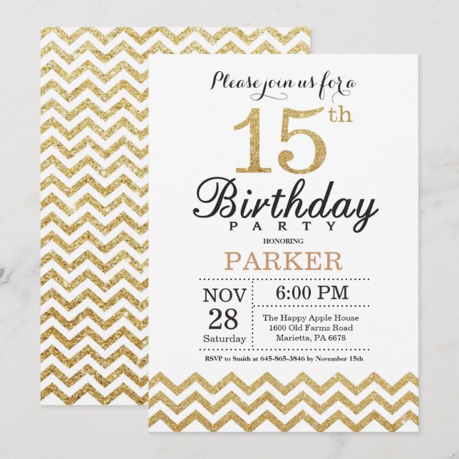 Purpurina de oro de la invitación de cumpleaños nú (Anverso / Reverso)
