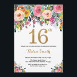 Purpurina de oro de la invitación de cumpleaños nú<br><div class="desc">Invitación a los 16 Años Florales para Mujeres. Flor floral acuarela.Brillantina dorada. Rosa,  Amarillo,  Naranja,  Flor Púrpura.Cumpleaños de niños. Chica Lady Adolescente Jueves.
Para más personalización,  haga clic en el botón "Personalizar" y utilice nuestra herramienta de diseño para modificar esta plantilla.</div>