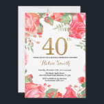Purpurina de oro de la invitación por cumpleaños 4<br><div class="desc">Invitación de 40 Años a la Flora Roja para Mujeres. Flor floral botánica acuarela.Brillantina dorada. Flores Florales De Peonies Rosados. Cumpleaños de adultos.
Para más personalización,  haga clic en el botón "Personalizar" y utilice nuestra herramienta de diseño para modificar esta plantilla.</div>