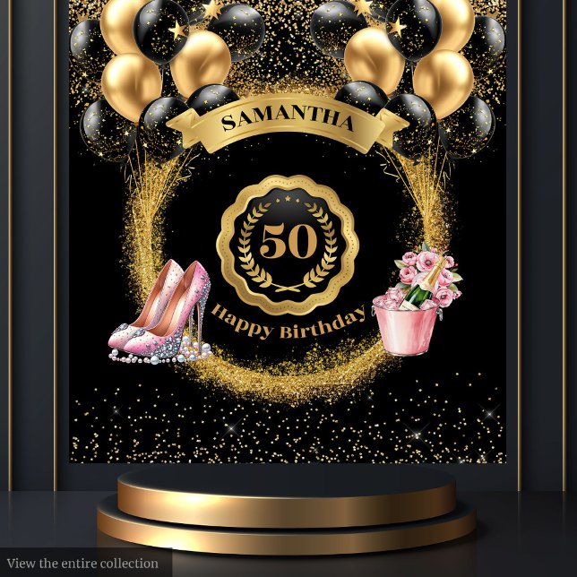 Purpurina de oro de los globos negros Tapiz de cum (Black Balloons Gold Glitter 50th Birthday Tapestry)