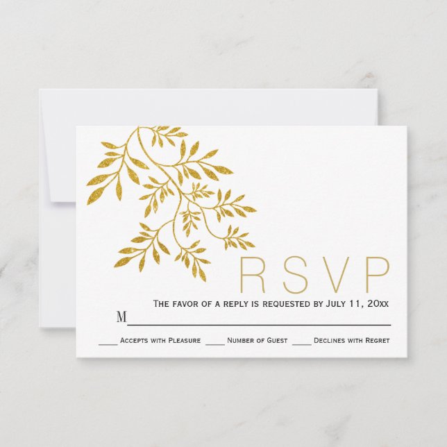 Purpurina de oro deja rama boda moderna RSVP (Anverso)