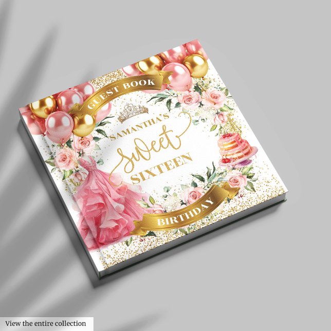 Purpurina de oro del libro de invitados Rubor Pink (Blush Pink Sweet 16 Guest Book Gold Glitter)