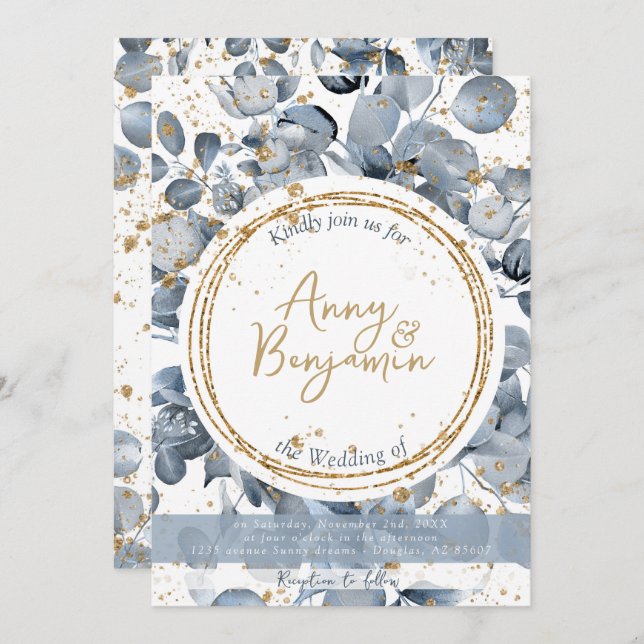 Purpurina de oro Eucalyptus - Invitación azul turb (Anverso / Reverso)