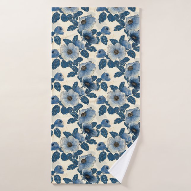 Purpurina de oro floral azul Ukiyo-e japonés (Toalla de baño)