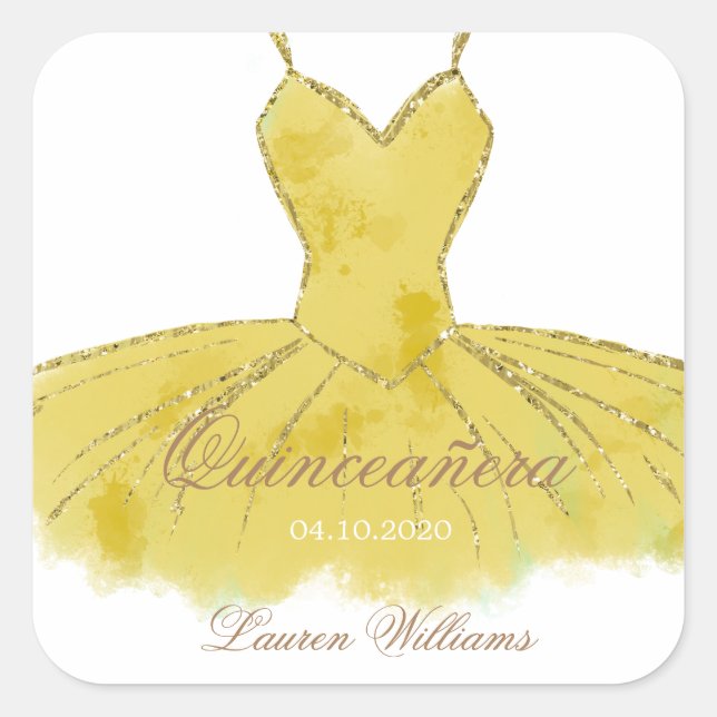 Purpurina de oro Gown Quinceanera Pegatina (Anverso)