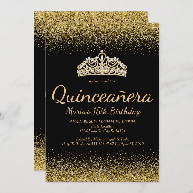 Purpurina de oro, invitaciones de Quinceanera (Anverso / Reverso)