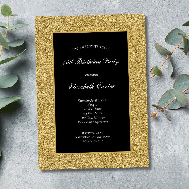 Purpurina de oro negro 50.ª invitación a los 60 añ (Black and Gold Glitter 50th Birthday invitation. Formal Elegant. Instant Download Digital or Printed)