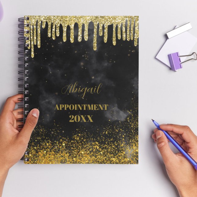 Purpurina de oro negro desliza el planificador de  (Black Gold Glitter Drips Blush Name 2025 Planner)