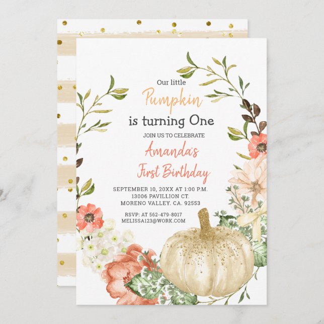 Purpurina de Oro Otoño Calabaza Invitación de cump (Anverso / Reverso)