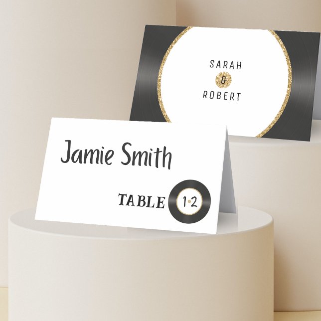 Purpurina de oro retro tarjeta de lugar de registr (Retro Gold Glitter Vinyl Record Wedding Place Card
)