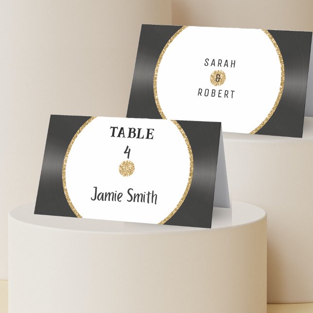 Purpurina de oro retro tarjeta de lugar de registr (Retro Gold Glitter Vinyl Record Wedding Place Card
)