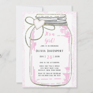 Purpurina de oro rosa Mason Jar Chica Invitación a