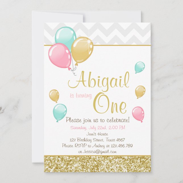 Purpurina de oro rosado - Globos Invitación de cum (Anverso)