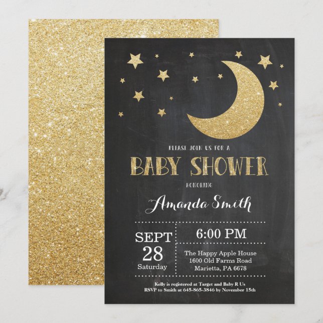 Purpurina de oro sobre la invitación a Baby Shower (Anverso / Reverso)