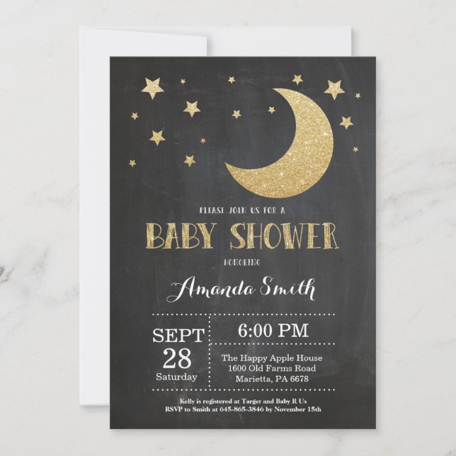 Purpurina de oro sobre la invitación a Baby Shower (Anverso)