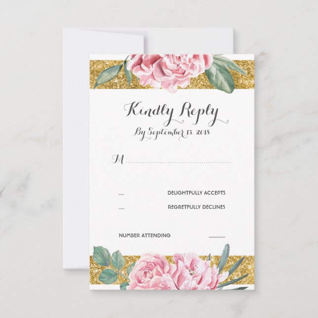 Purpurina de oro tiras de boda floral rosa RSVP (Anverso)
