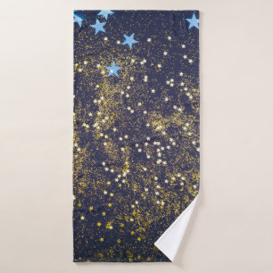 Purpurina de oro y estrellas azules brillantes en 