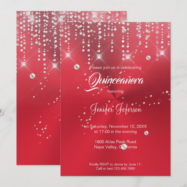 Purpurina de plata confeti Quinceanera Invitación (Anverso / Reverso)