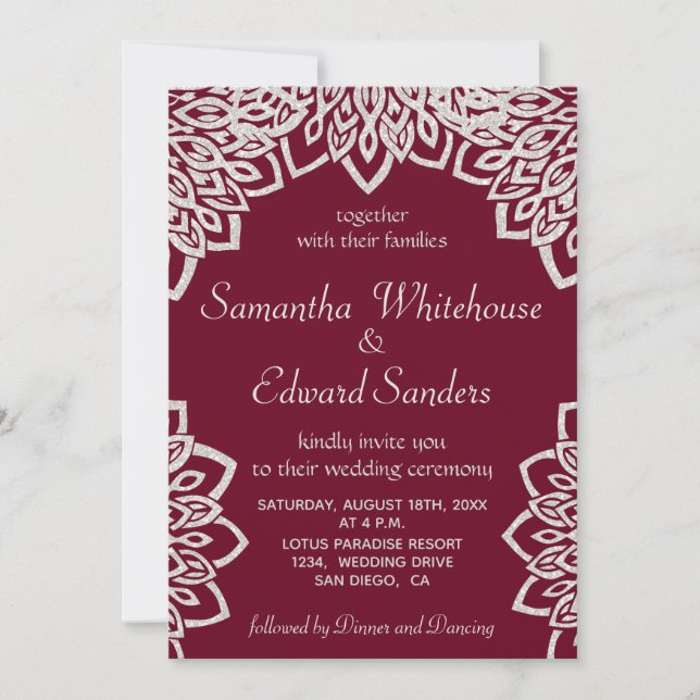 Purpurina de plata de Borgoña Elegante Invitación  (Anverso)