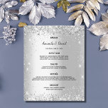 purpurina de plata del menú del boda brilla elegan<br><div class="desc">Una carta boda elegante y glamurosa. Personalice y agregue sus nombres,  fecha y el menú boda. Fondo falso de color plateado,  decorado con finos destellos purpurinas.</div>