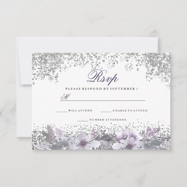 Purpurina de Plata Floral Boda Púrpura RSVP (Anverso)