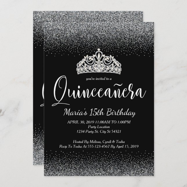 Purpurina de plata, invitaciones de Quinceanera (Anverso / Reverso)