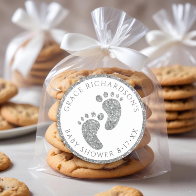 Purpurina de plata Pegatina Baby Shower Favor (Silver Glitter Baby Feet Favor Sticker)