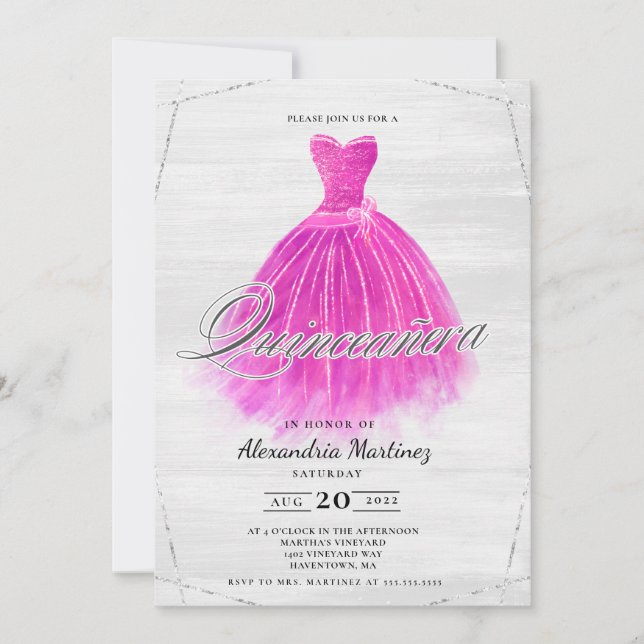 Purpurina de vestido de madera Fuschia Invitación  (Anverso)