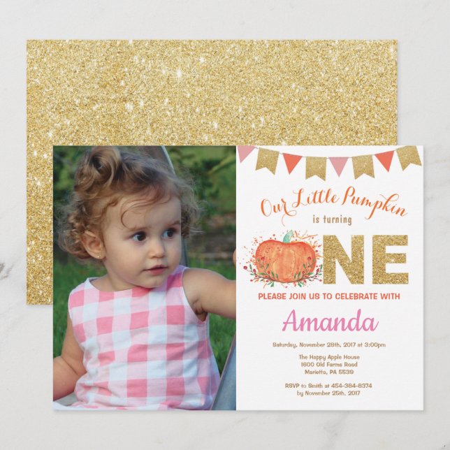 Purpurina del oro de la invitación del cumpleaños (Anverso / Reverso)