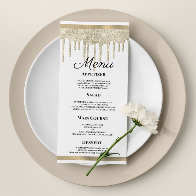 Purpurina dorado blanco de lujo goteo Boda Menú (Luxury white gold glitter drips Wedding Menu)