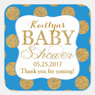 Purpurina dorado puntos etiqueta Baby Shower azul