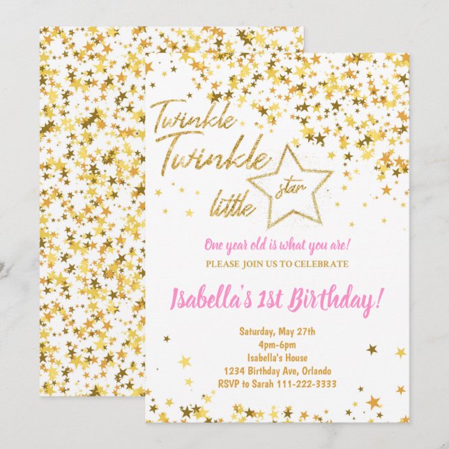 Purpurina Dorado Twinkle Invitación a cumpleaños d (Anverso / Reverso)