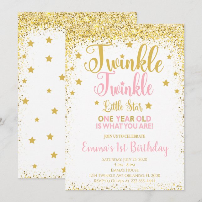 Purpurina Dorado Twinkle Invitación a cumpleaños d (Anverso / Reverso)