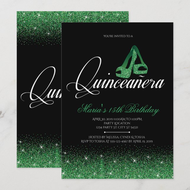 Purpurina esmeralda, invitaciones de quinceañera (Anverso / Reverso)
