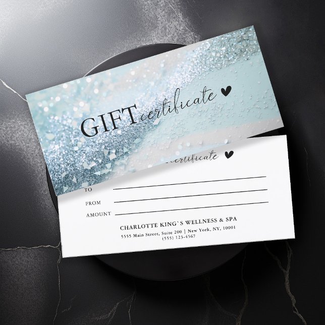 Purpurina específico del cliente, de plata azul, e (Customer specific, trendy, blue-silver, glitter, business gift certificate.)