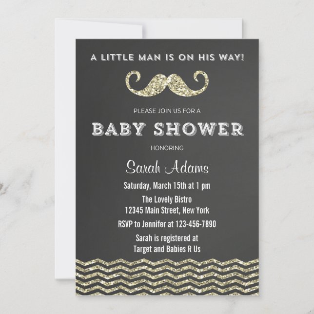 Purpurina falso Mustache Baby Shower Invitación (Anverso)