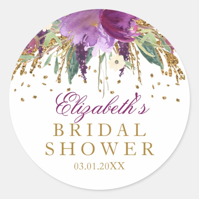 Purpurina floral Amethyst Bridal Shower Pegatina (Anverso)