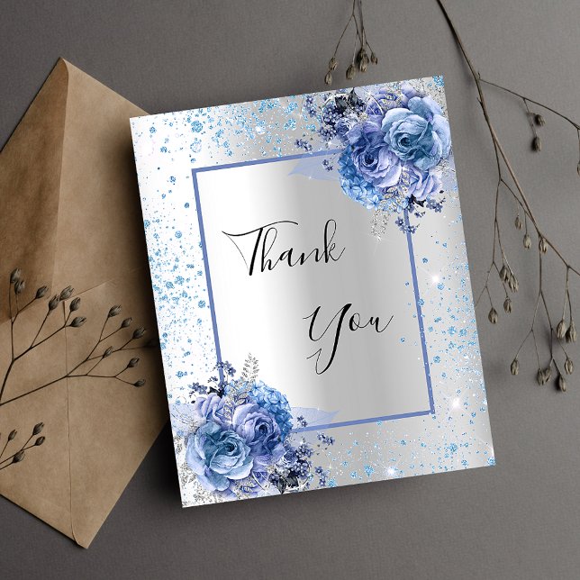 Purpurina floral azul plateado elegante tarjeta de (Subido por el creador)