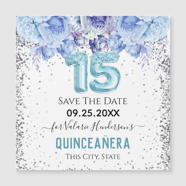 Purpurina floral Blue Quinceañera Save the Date (Anverso)