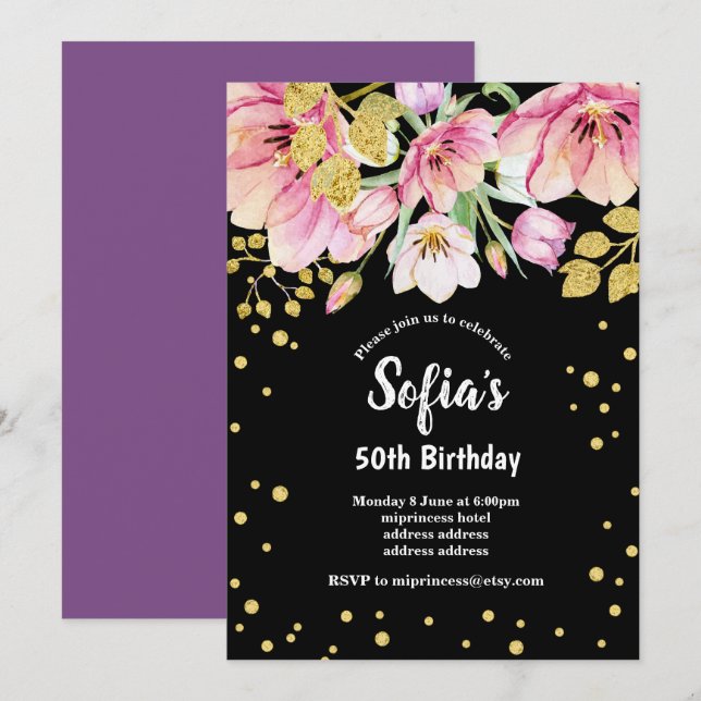 purpurina floral invitación a fiesta de cumpleaños (Anverso / Reverso)