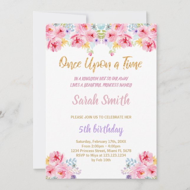 Purpurina floral Princess Birthday Invitación (Anverso)