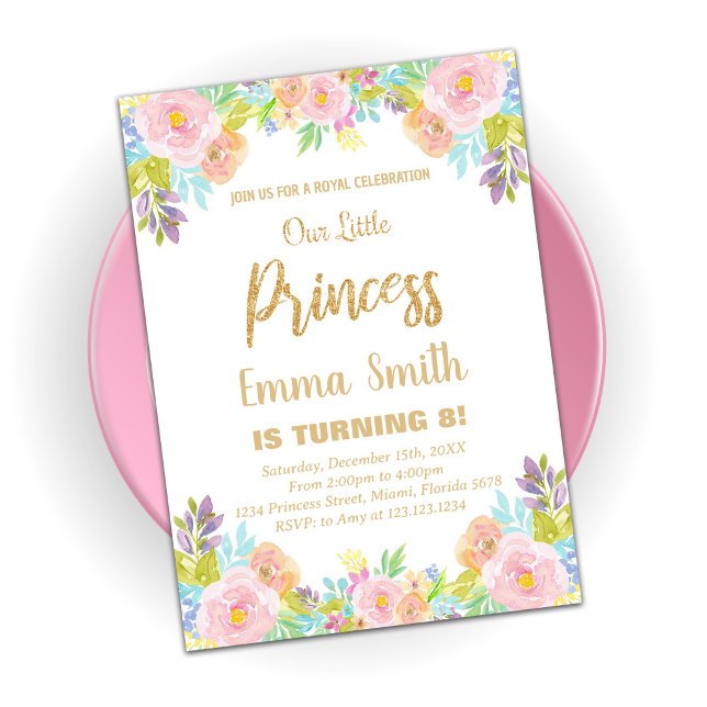 Purpurina floral Princess Birthday Invitación (Subido por el creador)